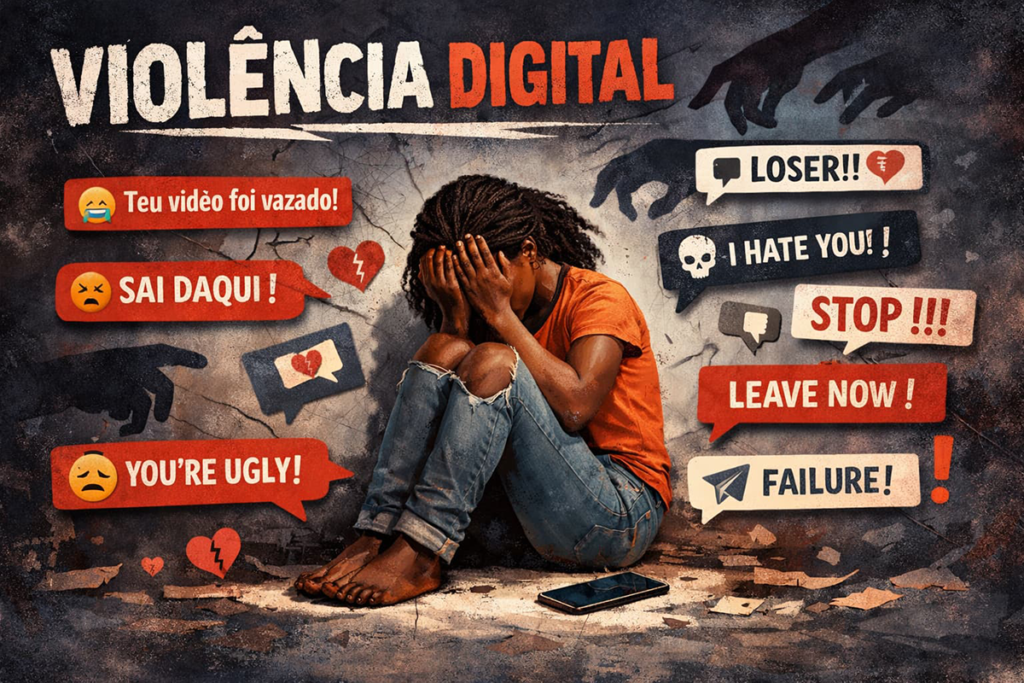 Jovem mulher africana olhando preocupada para o celular, cercada por mensagens digitais flutuantes, representando a violência digital e cyberbullying